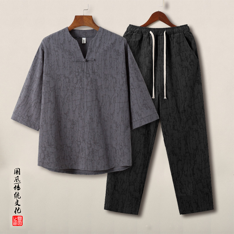QT715-TZ001-P115风提花棉麻套装中式复古短袖T恤男-1图片