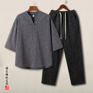 QT715-TZ001-P115风提花棉麻套装中式复古短袖T恤男-1图片