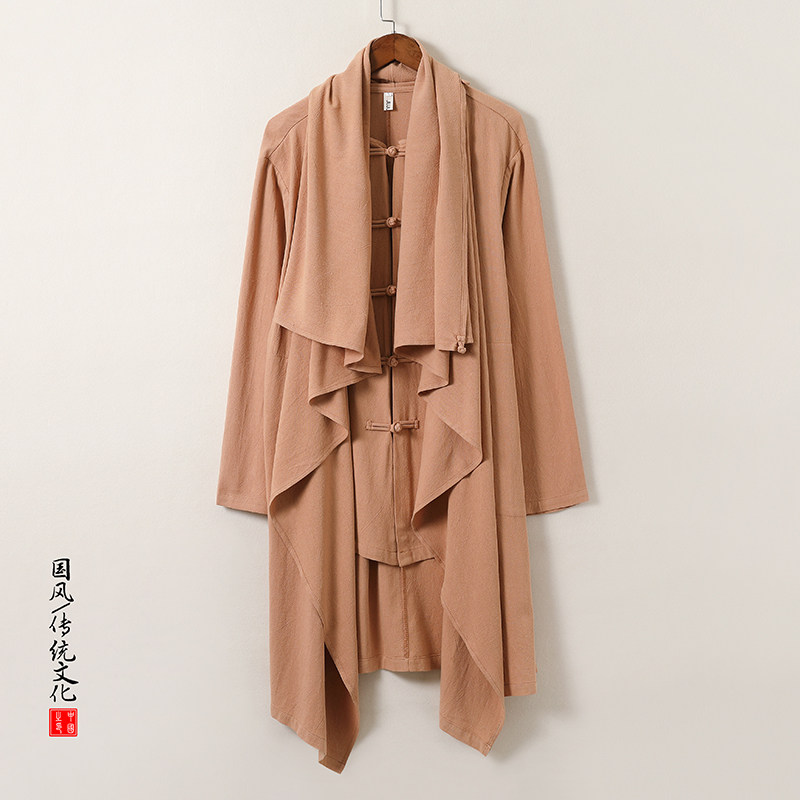 QT715-C818-P115风亚麻古装禅修假两件衬衫汉服居士风衣男-米,男装风衣,钱塘715