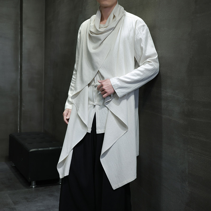 QT715-818-P115风2025亚麻汉服居士风衣男古装禅修假两件衬衫,男装风衣,钱塘715