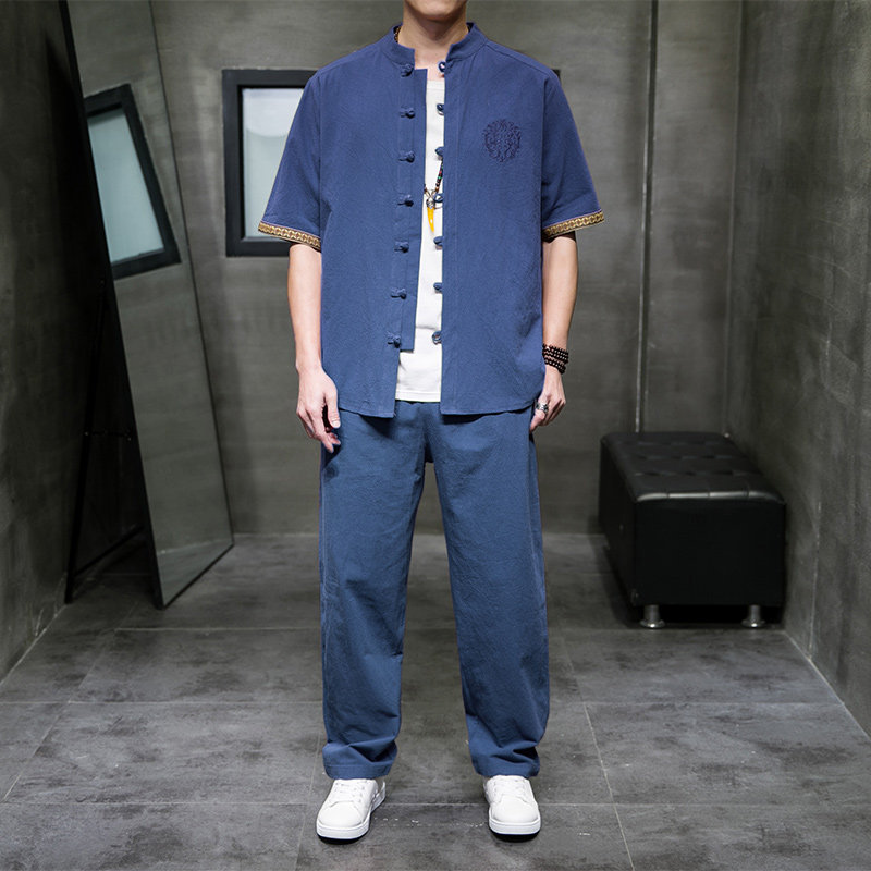 QT715-7056-P80夏季风棉麻套装男短袖衬衫长裤套装-蓝,男装衬衫,钱塘715