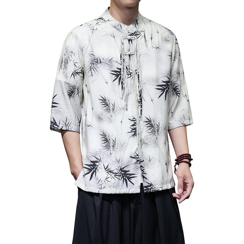 QT715-813-P55夏季风薄款短袖衬衫盘扣复古民族风中袖衬衣-咖,男装衬衫,钱塘715