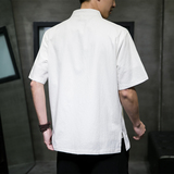 QT715-7010-P55风夏季棉麻衬衣盘扣中式唐装短袖衬衫男-黑，男装T恤，钱塘715