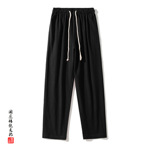 QT715-7090-P38百搭棉麻休闲男宽松直筒大码运动风裤子-黑，男装休闲裤，钱塘715
