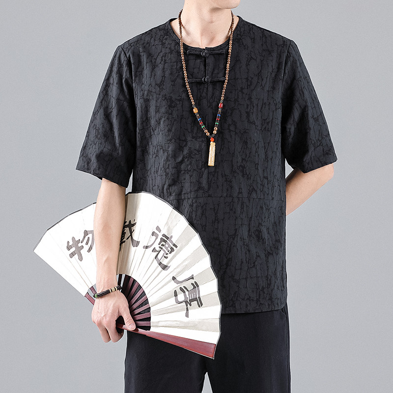 QT715-T2-P60夏季风棉麻提花盘扣圆领短袖T恤男中袖小衫-白,男装T恤,钱塘715