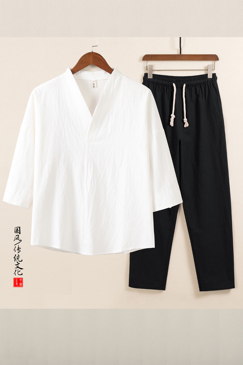 QT715-TZ7022-P63风棉麻套装男夏季复古V领七分袖两件套-1,男装T恤,钱塘715