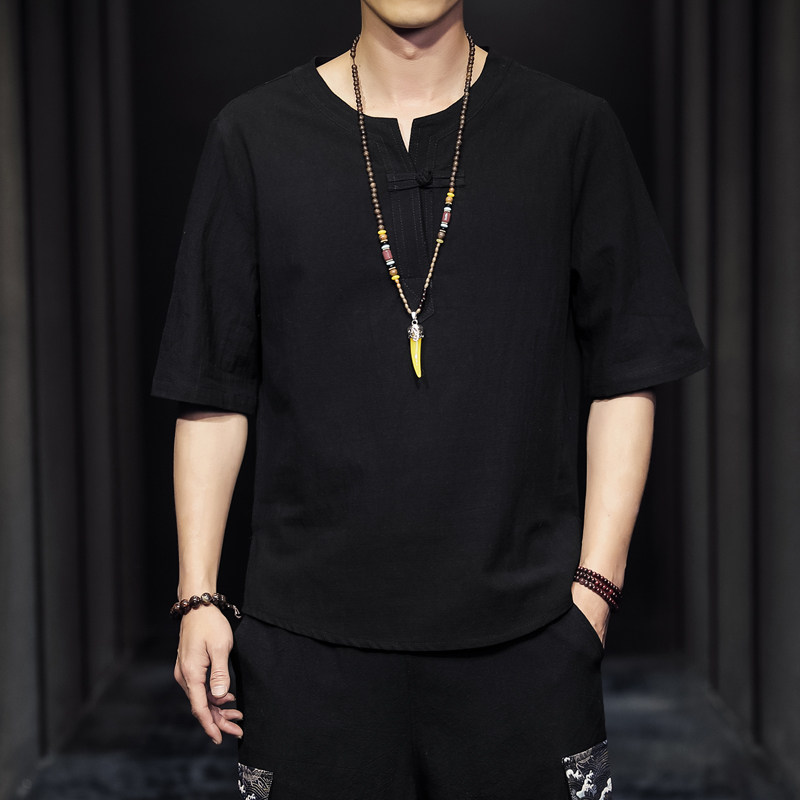 QT715-7025-P35夏季风V领汉服七分袖T恤棉麻男短袖体恤-黑图片