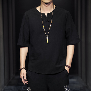 QT715-7025-P35夏季风V领汉服七分袖T恤棉麻男短袖体恤-黑图片