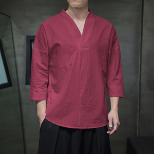 QT715-7022-特P25风夏季棉麻汉服T恤男七分袖宽松七分袖T恤-2图片