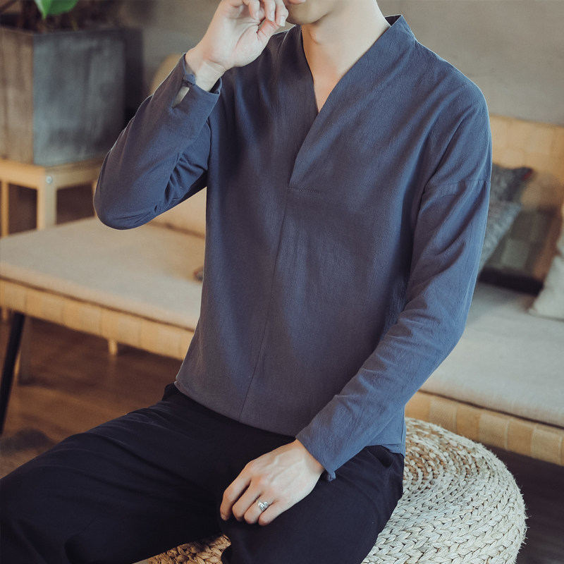 QT715-7029-P40风秋季中式棉麻长袖T恤复古汉服打底唐装-白,男装T恤,钱塘715