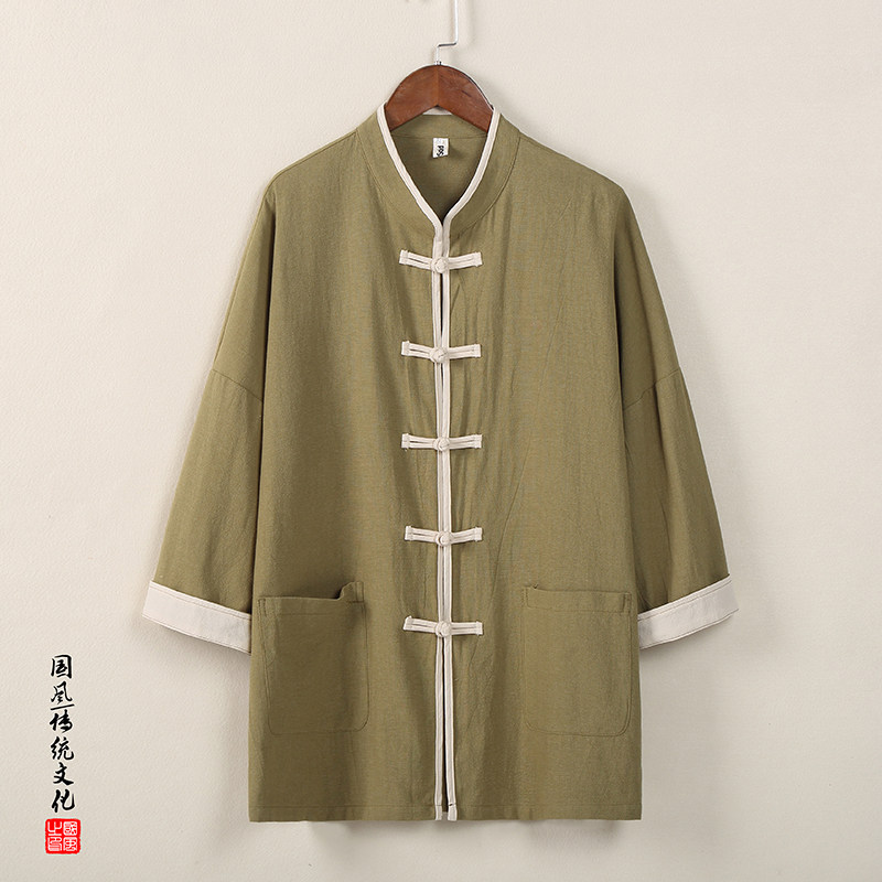 QT715-C806-P55风夏季棉麻七分袖衬衫男女唐装短袖汉服-黄,男装衬衫,钱塘715