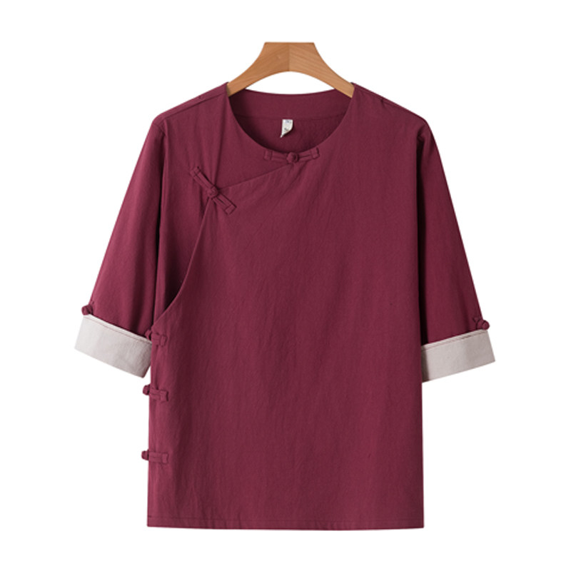 QT715-C7221-P60夏季风棉麻短袖衬衫唐装汉服古装小衫-红，男装衬衫，钱塘715