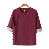 QT715-C7221-P60夏季风棉麻短袖衬衫唐装汉服古装小衫-红，男装衬衫，钱塘715