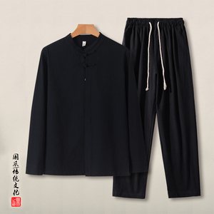 QT715-TZ7017-P90风春秋棉麻衬衫套装男中式唐装两件套-黑