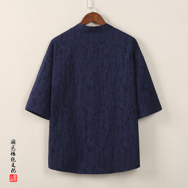 QT715-C808-P60风夏季V领短袖衬衫男棉麻提花唐装衬衣-蓝,男装T恤,钱塘715