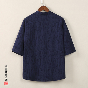 QT715-C808-P60风夏季V领短袖衬衫男棉麻提花唐装衬衣-蓝图片