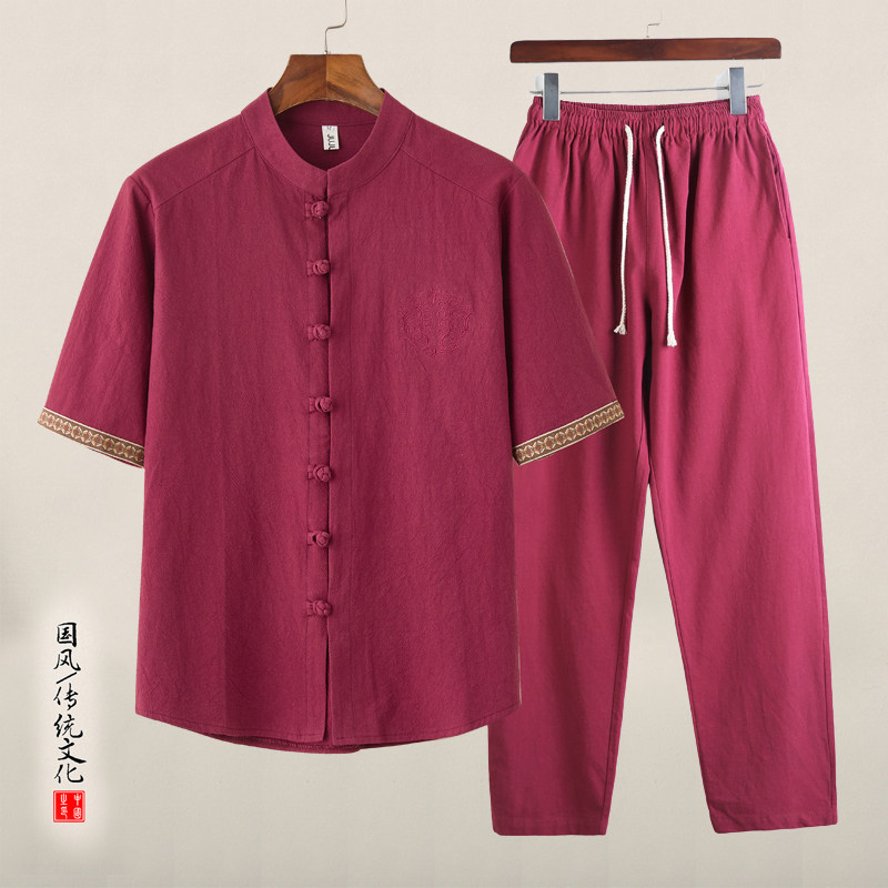 QT715-tz7056-P80风棉麻短袖衬衫两件套装-白,男装T恤,钱塘715