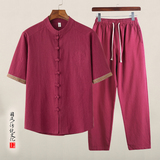 QT715-tz7056-P80风棉麻短袖衬衫两件套装-白，男装T恤，钱塘715