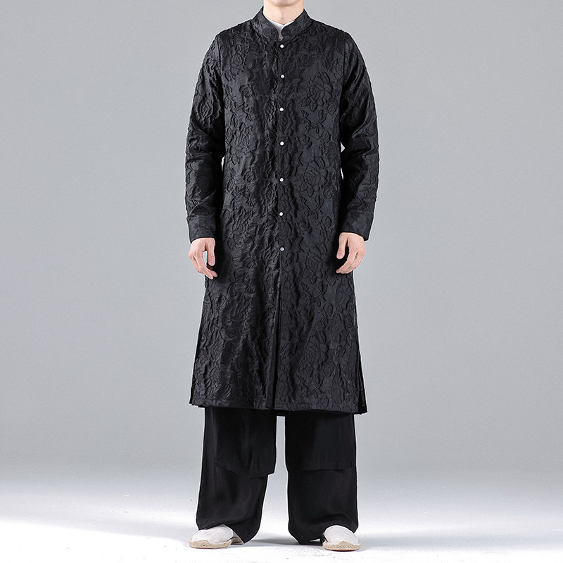 QT715-A1-P135风剪花开衫风衣外套居士汉服长款立领唐装-黑,男装风衣,钱塘715