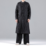 QT715-A1-P135风剪花开衫风衣外套居士汉服长款立领唐装-黑，男装风衣，钱塘715