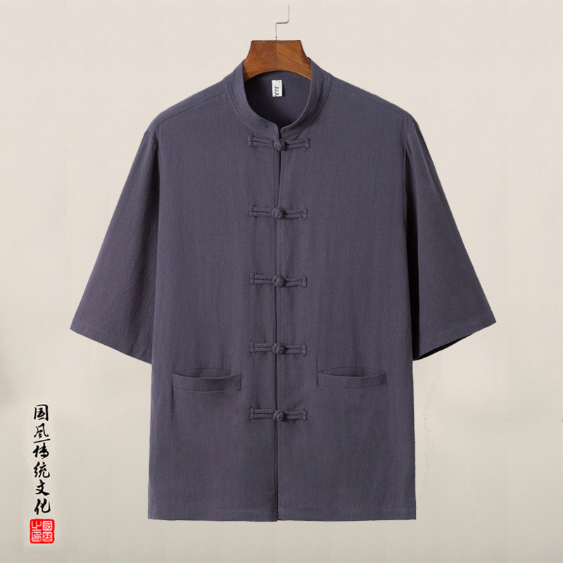 QT715-C06-P60夏季风麻料坠感短袖衬衫男唐装复古盘扣衬衣-麻,男装T恤,钱塘715
