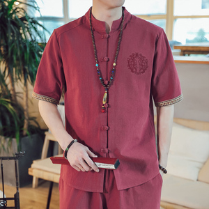 QT715-7013-P50风夏季棉麻刺绣盘扣中式唐装短袖衬衫男-红图片