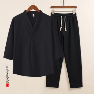 QT715-TZ7022-P63风棉麻套装男夏季复古V领七分袖两件套-9图片