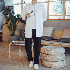 QT715-7211-P65風秋棉麻長袖立領襯衫中長款風衣復古中式-灰圖片