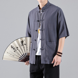 QT715-C6-P60夏季风坠感开衫短袖衬衫麻料立领男半袖衬衣-麻图片