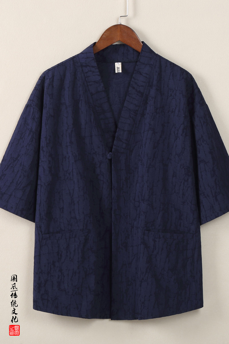 QT715-C808-P60风夏季V领短袖衬衫男棉麻提花唐装衬衣-蓝,男装T恤,钱塘715