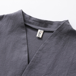 QT715-T7029-P40秋季风棉麻V领长袖T恤交叉领内搭汉服-白图片
