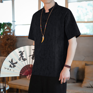 QT715-815-P60风夏季立领短袖提花棉麻T恤男盘扣复古小衫-白图片