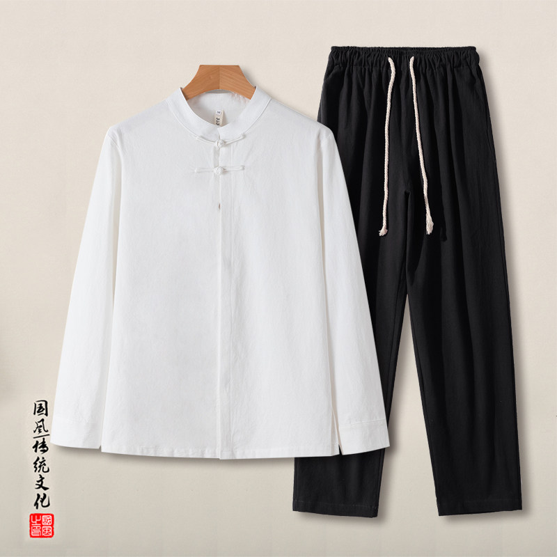 QT715-TZ7017-P90风春秋棉麻衬衫套装男中式唐装两件套-黑,男装衬衫,钱塘715