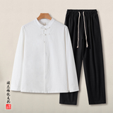 QT715-TZ7017-P90风春秋棉麻衬衫套装男中式唐装两件套-黑，男装衬衫，钱塘715