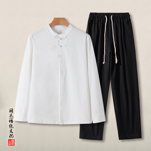 QT715-TZ7017-P90风春秋棉麻衬衫套装男中式唐装两件套-黑图片