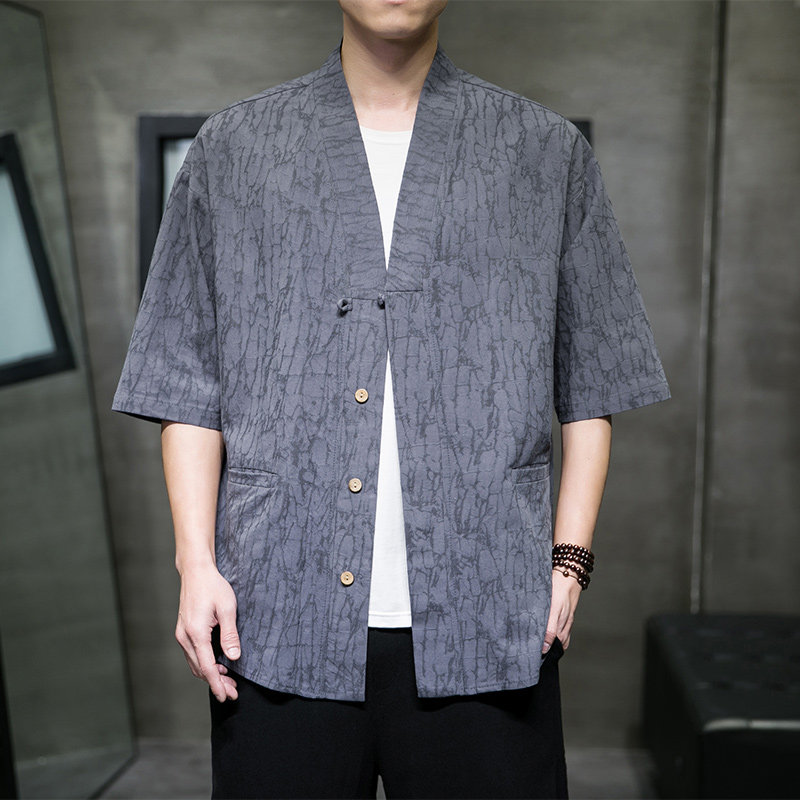 QT715-808-P60夏季风棉麻提花短袖衬衫男暗扣V领衬衣-灰图片