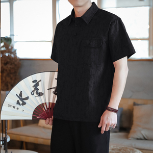 QT715-816-P65风衬衫领短袖提花棉麻T恤男盘扣复古小衫-白图片