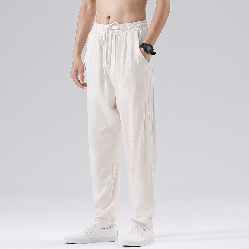 QT715-7106-P65风夏季薄亚麻休闲裤男坠感透气小脚哈伦裤-蓝,男装休闲裤,钱塘715