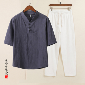 QT715-TZ7026-P73风套装男士棉麻短袖T恤盘扣两件套-7图片