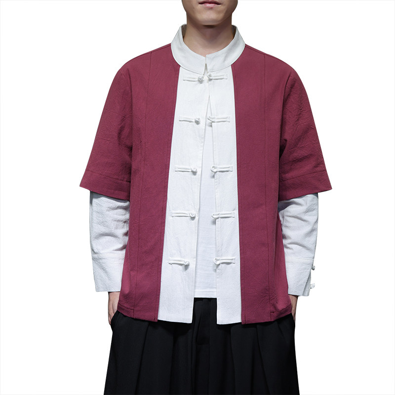 QT715-821-P65风2025秋棉麻撞色假两件复古盘扣中式衬衫男,男装衬衫,钱塘715