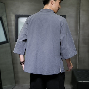 QT715-7210-P55夏季风棉麻开衫短袖衬衫宽松男半袖衬衣-灰图片
