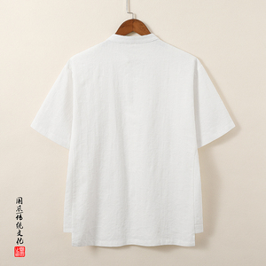 QT715-815-P60夏季风提花棉麻短袖衬衫男大码盘扣立领体恤-白图片