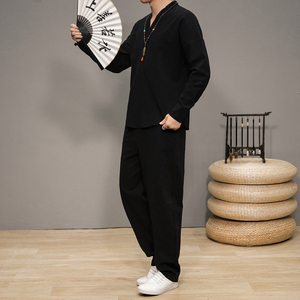 QT715-7074-P75春秋风棉麻长袖T恤长裤套装唐装汉服中式男-5图片
