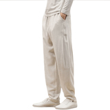 QT715-K7106-P65风亚麻长裤直筒裤松紧腰中青年透气裤子大-麻，男装休闲裤，钱塘715