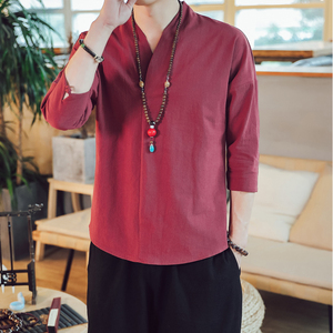 QT715-7022-特P25夏季风V领汉服七分袖T恤棉麻男短袖体恤-红,胖胖女生半身裙穿搭夏图片