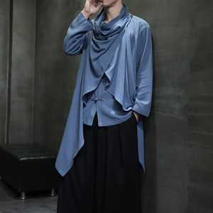 QT715-818-P115风2025亚麻汉服居士风衣男古装禅修假两件衬衫图片