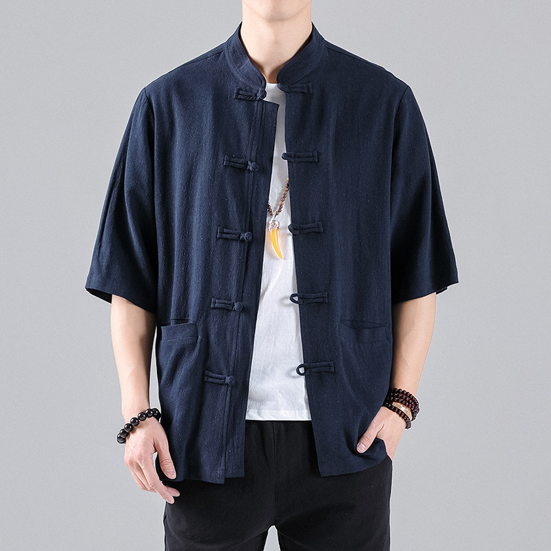 QT715-C6-P60夏季风坠感开衫短袖衬衫麻料立领男半袖衬衣-蓝图片