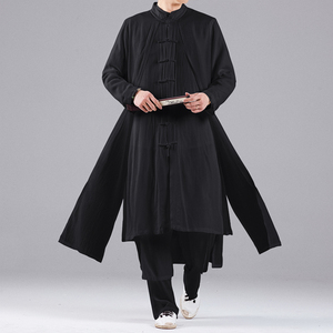 QT715-A2-P135风开衫禅修茶服仙气飘飘汉服盘扣长款唐装-黑图片
