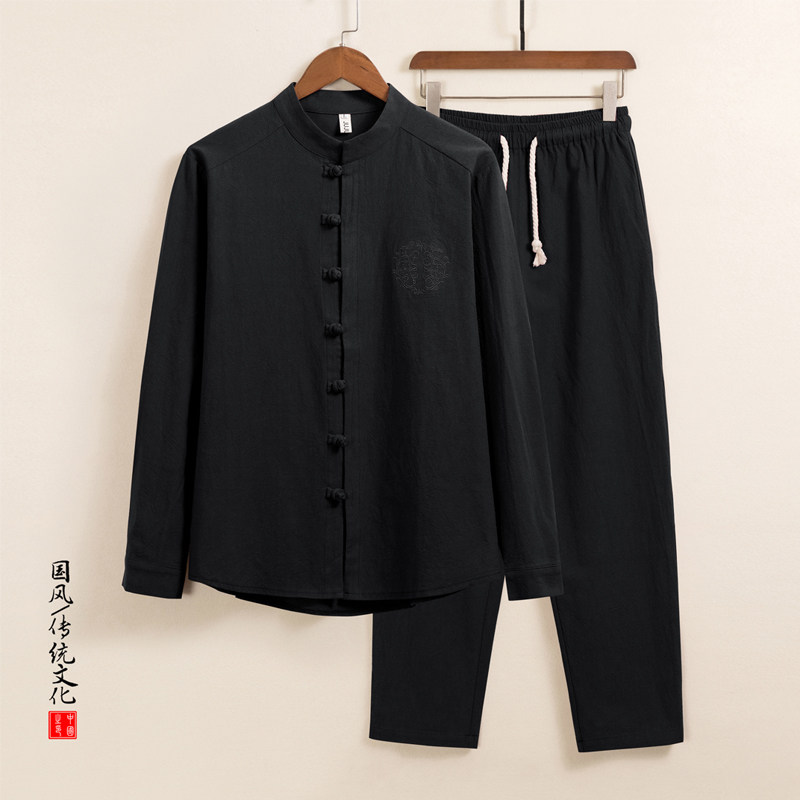 QT715-7058-P90秋季风棉麻套装长袖衬衫-藏青,男装衬衫,钱塘715