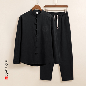 QT715-7058-P90秋季风棉麻套装长袖衬衫-藏青图片